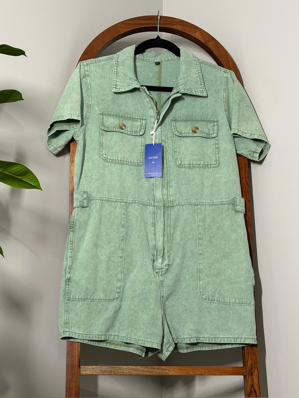 Chouyatou MEDIUM Vintage Distressed Denim Romper in Washed Green NEW